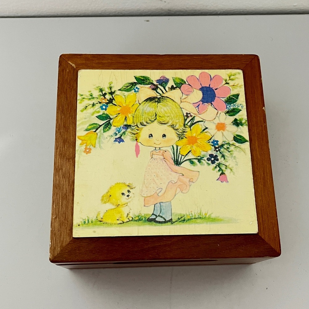Vintage Music Jewelry Box Kids OS Brown Wood Floral Girl Puppy‎ Wind Up Mirror
